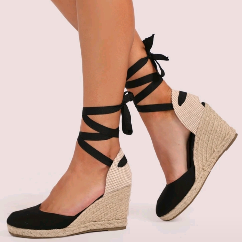 Women's Black and Cream Espadrille Wedge Sandals